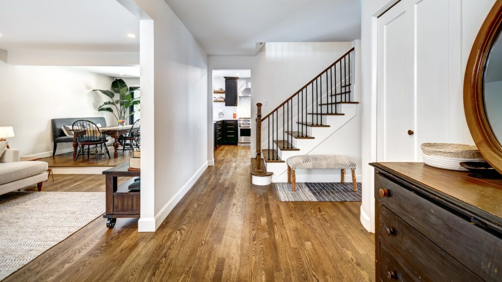 Engineered hardwood with a wear layer inside a home's foyer